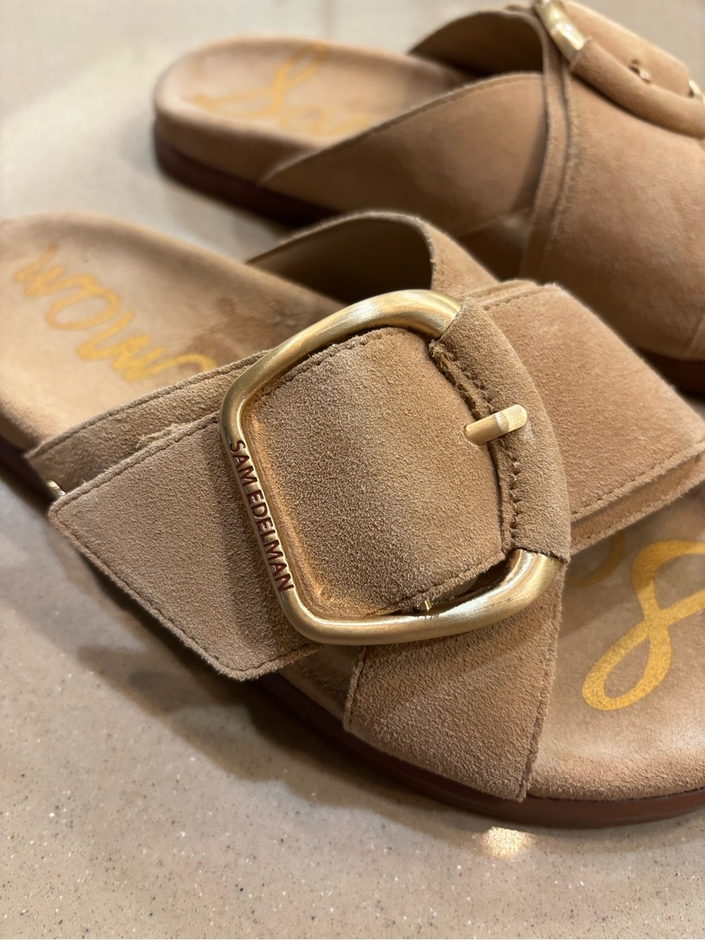 Sam Edelman Beige Suede Buckle Crossover Slide Sandals - Picture 2 of 3